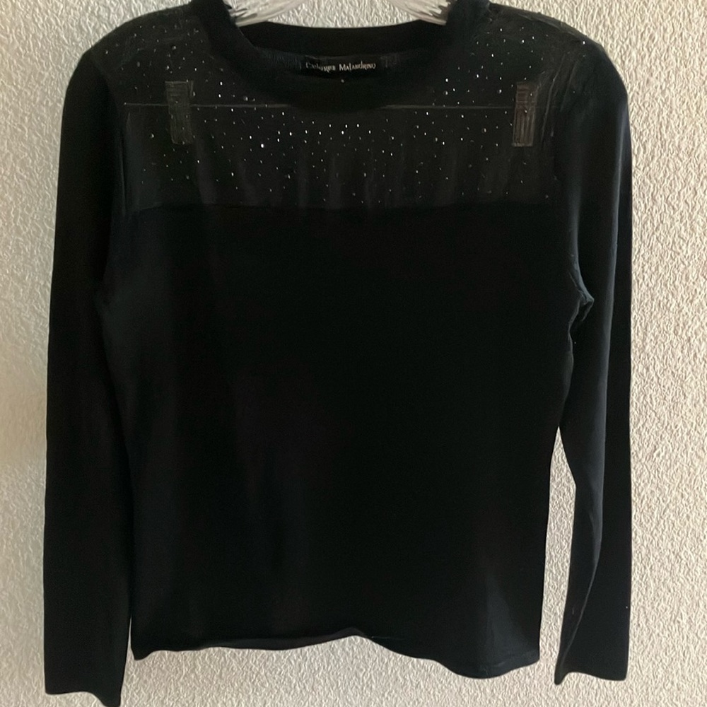 Catherine Malandrino Black Sweater W/ Sheer Black Beaded Yoke Sz S- Like New